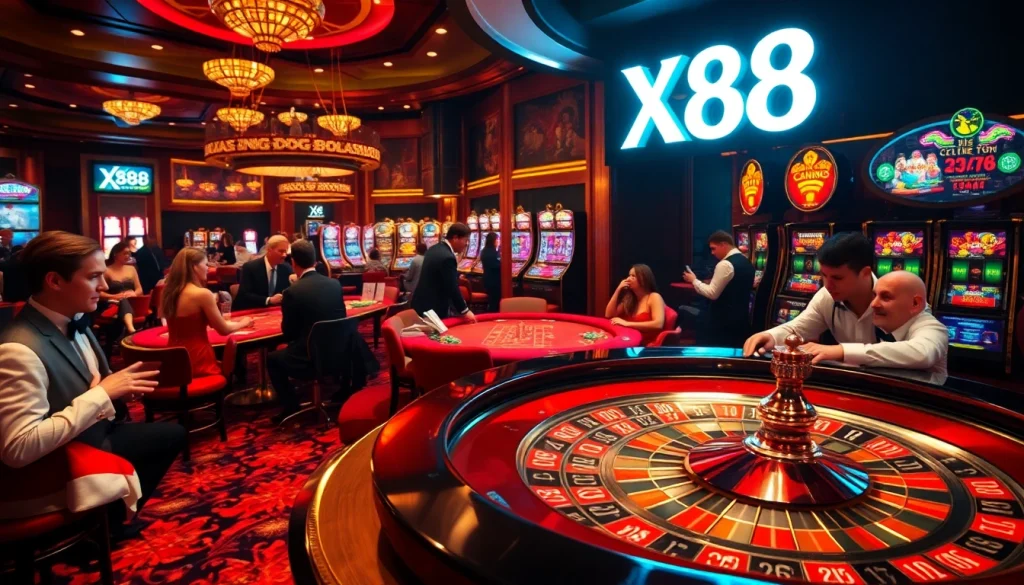 Experience the thrill of casino gaming with XX88, showcasing roulette tables and dynamic poker games.