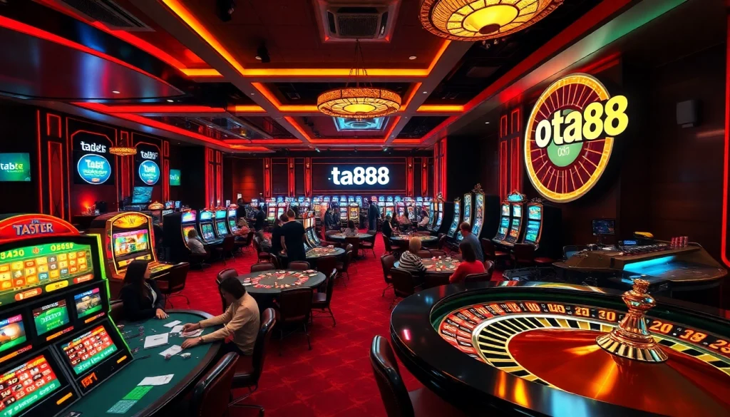 Experience the thrilling excitement of ta88 with players engaged at poker tables and colorful slot machines.